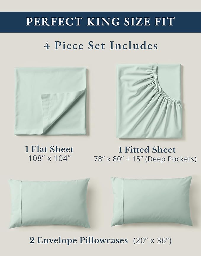 LANE LINEN King Sheet Set 100% Organic Cotton Cooling Soft 4pc - Cool Blue | Organic Cotton Percale King Sheet Set - Soft From The First Wash, Crisp Cool Percale Weave, Great For Gifting