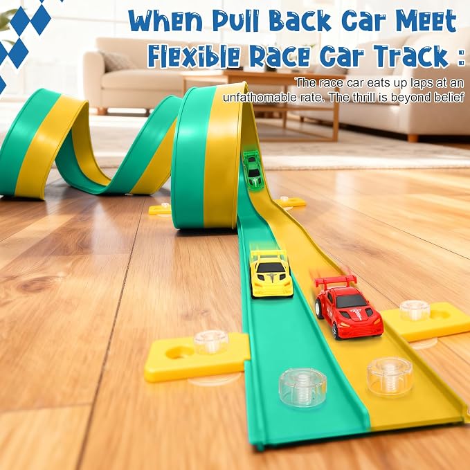 Flexible Race Car Track for Kids, Flex Track with 4 Small Race Cars,Rolls Up Portable Racetrack for Ages 3+, Compatible with H*t Wheels and DIEC*st 1/64th Cars (15FT-Green/Yellow)