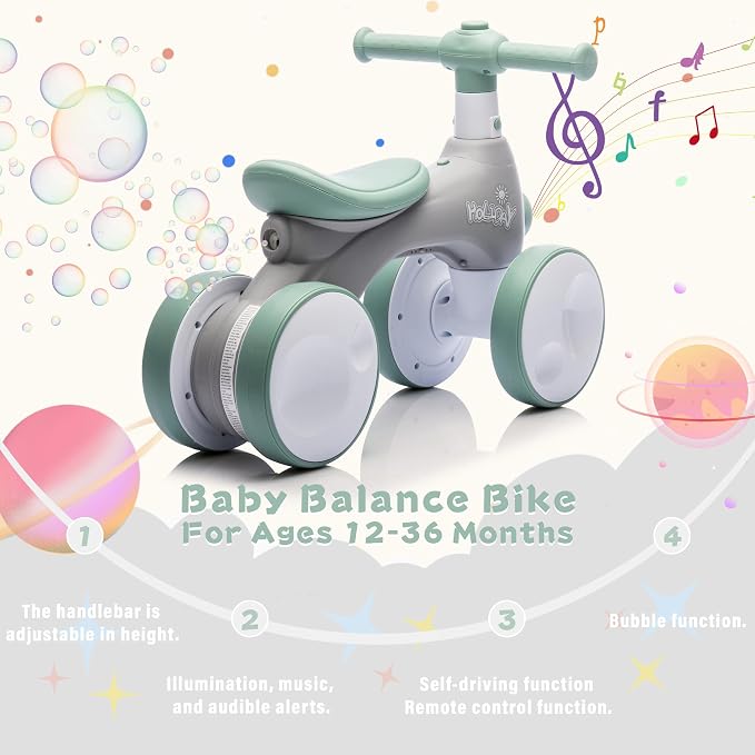 JoyRydz Baby Balance Bike 1 Year Old with Music, Lights, Bubble Machine, 4 Wheels Pedal-Less Toddler Ride on Toys for 12-36 Months Birthday Gift, Toddler boy Toys Ride on car (Green & Gray)