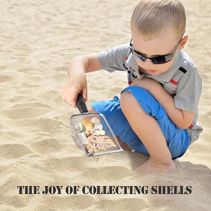 Beach Mesh Shovel with Mesh Beach Bag for Picking Up Shell,Metal Shark Tooth Sifter Sand Dipper Beach Scoop for Kids Boys Girls