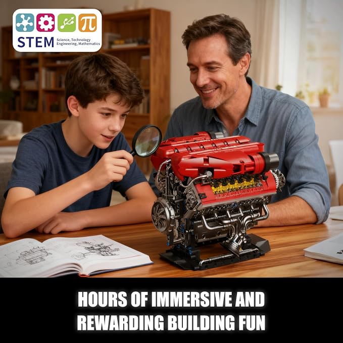 V12 Engine Model Kit That Runs, 12-Cylinder Sports Car Engine Building Set with Rechargeable Motor, Compatible with Lego for Adults, Engineering Construction STEM Toy for Teens (1607 PCS)