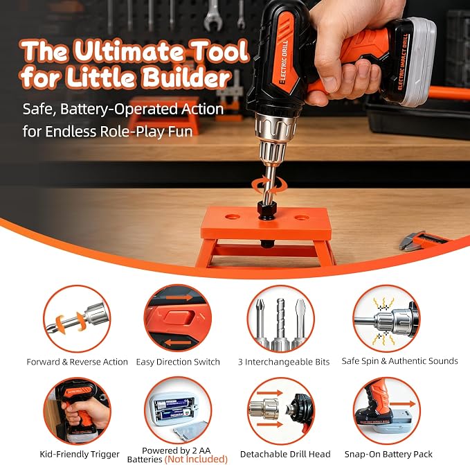 49 PCS Kids Tool Set with Toy Electric Drill, Construction Dress Up Pretend Play Kit with Tool Box, Washable Vest, Goggles & STEM Building Plate, Birthday Gift for Boys Toddlers Age 3 4 5 6 7