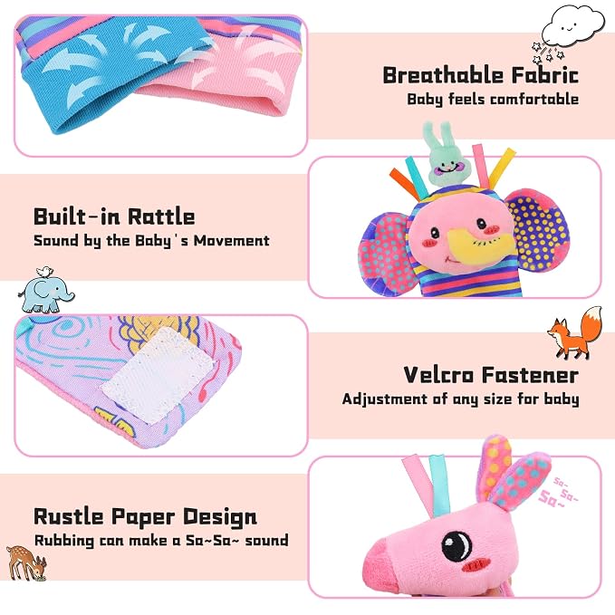 Baby Toys 0-6 Months, Rattle Socks and Wrist Sensory Toys for Infants, Socks and Foot Finder Set with Sound for Babies 6-12 Months, 0-12 Months Newborn Essentials Toy, Baby Girl Shower Gifts - Pink