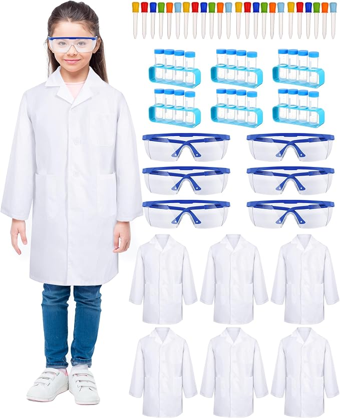 Unittype 6 Set 66 Pcs White Kids Lab Coats Bulk Children Girl Doctor Scientist Costume Lab Coat Goggles Test Tube Eyedropper(S)