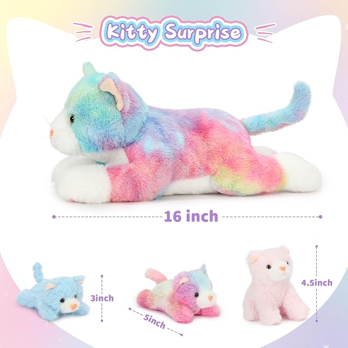 Muiteiur 4 Piece Cats Stuffed Animals, 15.7 inch Mom Plush Cat with 3 Kittens Stuffed in Zipper Pouch, Cute Rainbow Mom and Baby Stuffed Kitten for Kids Girls Boys Gift for Birthday