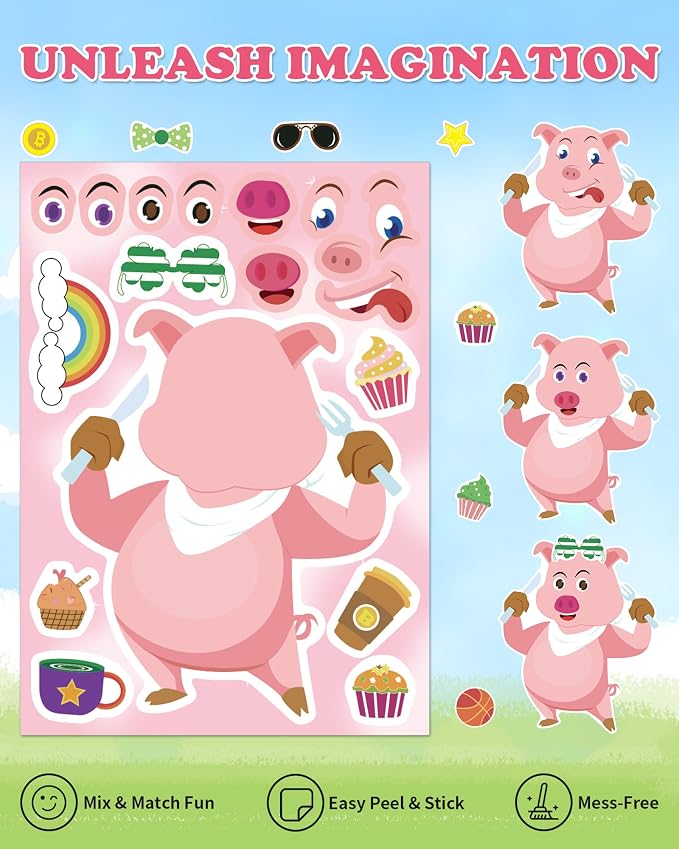 Aowplc 30 Sheets Make a Pig Stickers – Cute Piggy Mix & Match Stickers for Kids – Party Favors, Farm Animal Crafts, School Projects & Classroom Activities