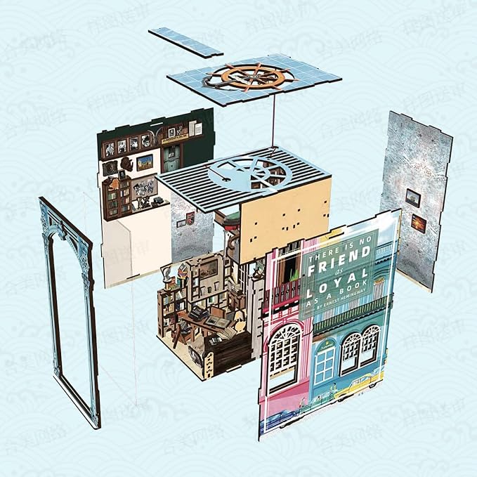 CCCDF DIY Book Nook Kit, Miniature Dollhouse Booknook Kit, 3D Wooden Puzzle Bookend Bookshelf Insert Decor with LED Light for Teens and Adults (Hemingway House)