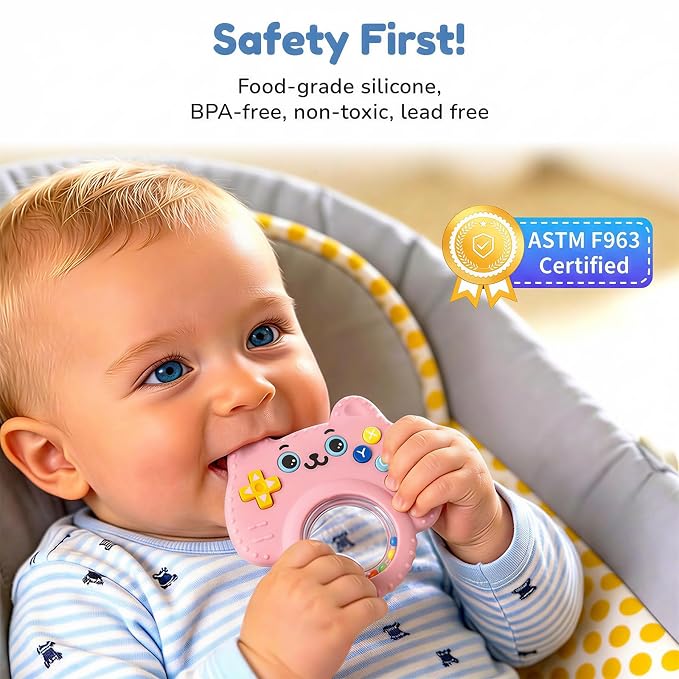 Baby Teether Toy Silicone Cat Teething Ring -Game Controller, Baby Rattle Toy Chew Sensory Toys for Babies Over 3 Months, Teething Relief for Newborn Infant Essentials 0-6 6-12 Months, BPA Free -Pink