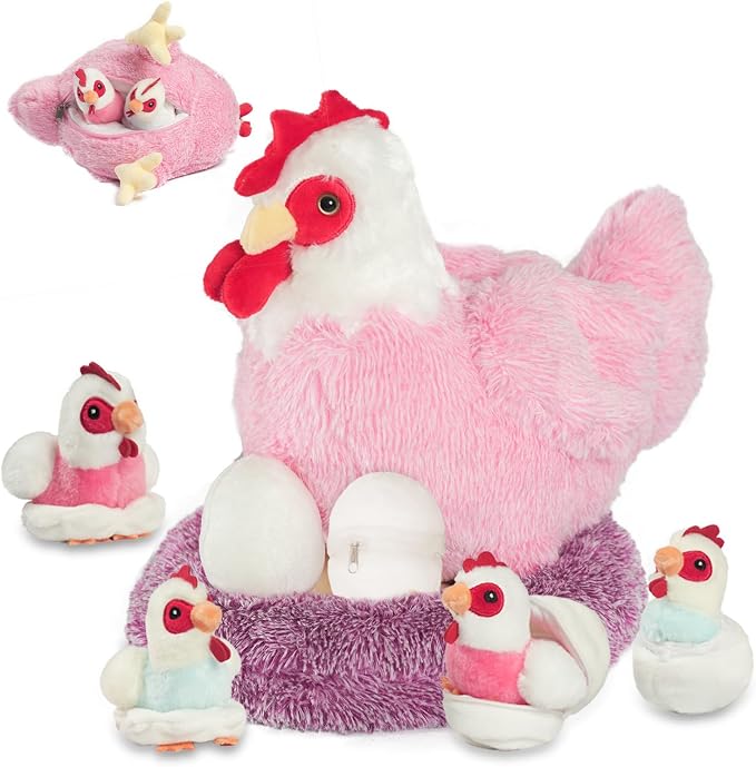 Youthfuljive 9 in 1 Chicken Stuffed Animal Set, Stuffed Chicken Plush Toy Egg Laying Hen with Zipper and Baby Chicks Toy Chickens Eggs and Chicken Coop Toys for Kids Toddler Birthday Farm Decor