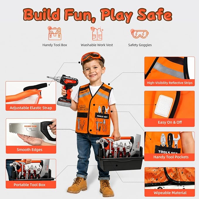 49 PCS Kids Tool Set with Toy Electric Drill, Construction Dress Up Pretend Play Kit with Tool Box, Washable Vest, Goggles & STEM Building Plate, Birthday Gift for Boys Toddlers Age 3 4 5 6 7