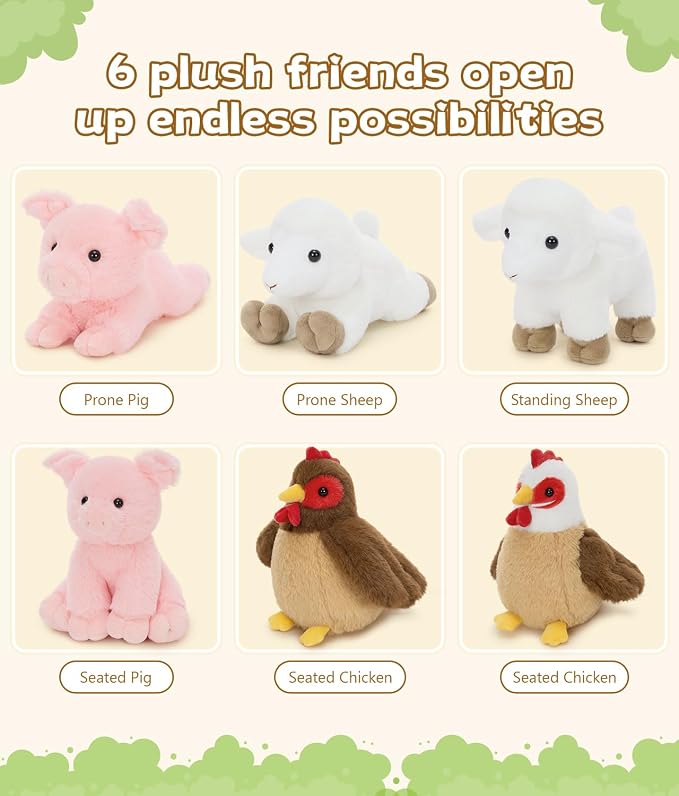 Tezituor Farm Animal Stuffed Animals 6 Pack, 8 Inch Plush Toys Bulk with Chicken Pig Lamb, Soft Barnyard Animal Plushies for Kids Toddlers, Farm Theme Party Favors, Birthday Gifts, Classroom Prizes