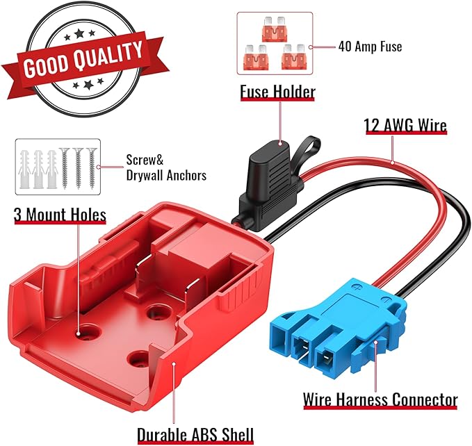 Power Wheel Azocek Adapter Compatible with Milwaukee Battery with Wire Harness Connector Compatible with Peg-Perego Children Ride-on Car, 12AWG Wire with 40A Fuse