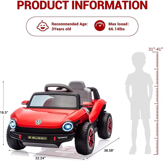 GarveeLife 12V Kids Ride On Car Licensed Volkswagen Beetle Electric Ride On Toy for Toddlers 4 Wheeler Vehicle with Parental Remote, Battery Level Display, LED Lights, USB, Horn, Music, Red