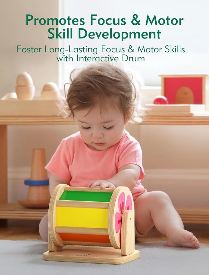Boby Montessori Spinning Drum: Sensory Experience for Babies 6-12 Months - Engage, Explore, and Learn with Our Wooden Infant Toy