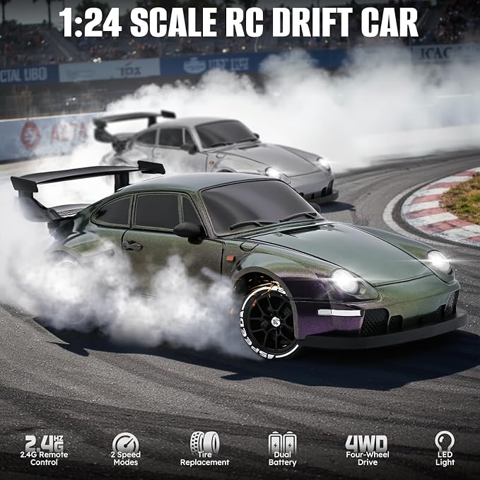 RC Drift Car,1:24 Scale Remote Control Car, 2.4GHz 20KM/H 4WD High Speed RC Cars for Kids with LED Light, Two Batteries,Drifting Tires,Racing Vehicle Toy for Adults Boys Girls Purple