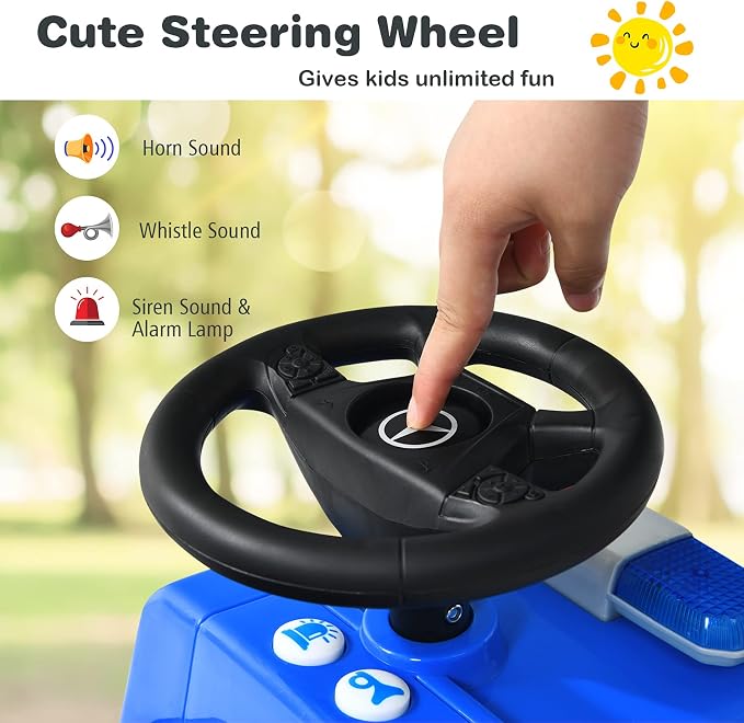Costzon Ride On Push Car for Toddlers, Licensed Mercedes Benz Sliding Car w/Steering Wheel, Horn, Headlights, Under Seat Storage, Foot-to-Floor Riding Toy for Boy Girl 18-36 Months (Police Car, Blue)