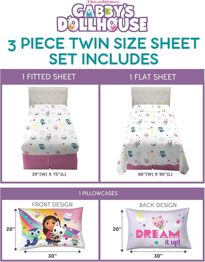 Franco DreamWorks Gabby's Dollhouse Kids Bedding Super Soft Sheet Set, 3 pcs, Twin