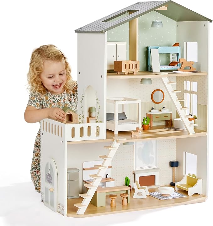 Giant bean Modern Wooden Dollhouse with Lights & 37PCS Furniture Set – Nordic Style 3-Story Playhouse for Kids Age 3+, Natural Wood Montessori Doll House with Realistic Rooms, Gift for Girls & Boys
