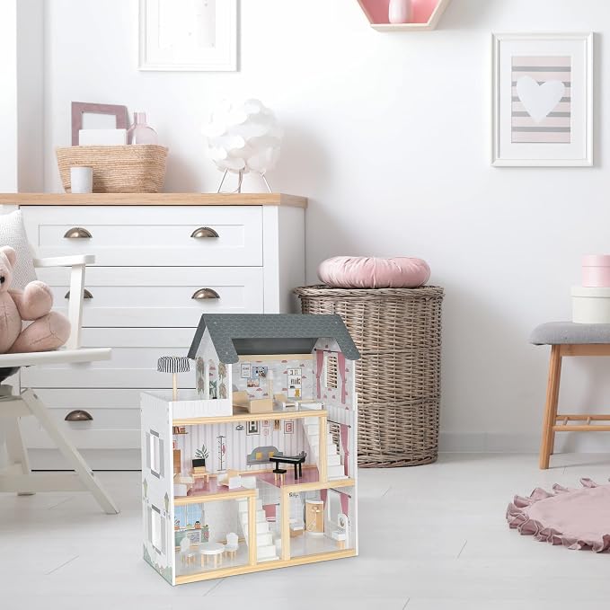 Lil' Jumbl Jumbl Kids Wooden Dollhouse, 17-Piece Accessories & Furniture are Included, with Balcony & Stairs, 3 Story Easy to Assemble Doll House Toy