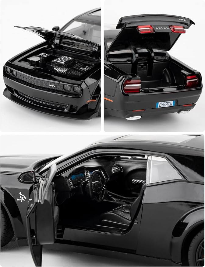 Compatible for 1/24 Dodge Challenger SRT Hellcat Car Model, Collectible Die-Cast Model Car with Lights and Sounds,Pull Back Car Toy for Adults Kids Birthday Gifts Decoration (Black)