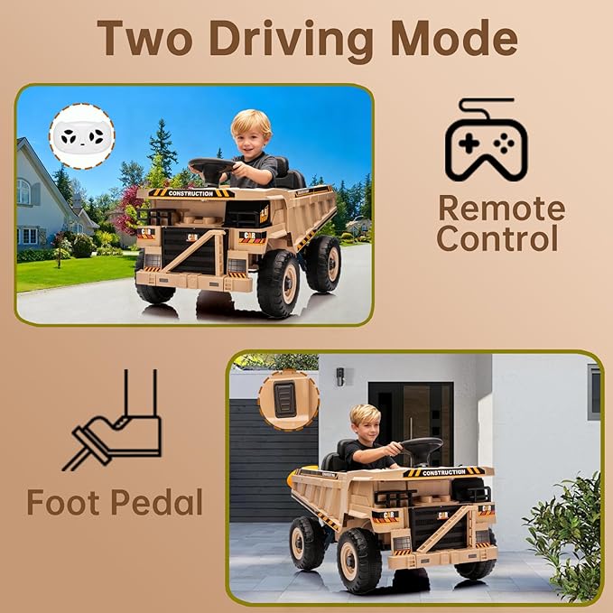 12V Ride On Dump Truck Kids Ride On Car for Kids, Battery Powered Electric Car with Remote Control, Electric Dump Bed, Wear-Resistant Tires, 4 Wheels Tractor Ride On Toys, Khaki