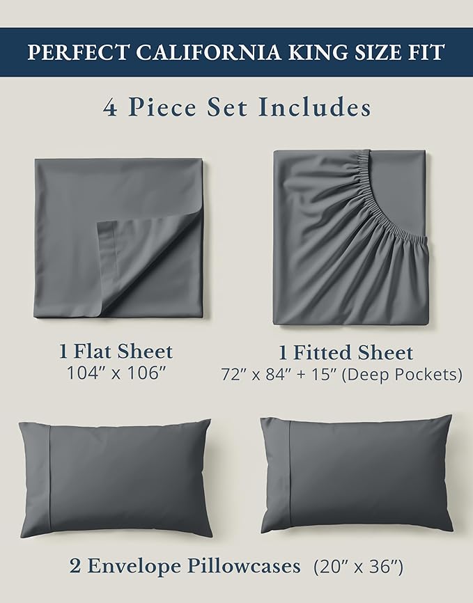 LANE LINEN California King Sheet Set 100% Organic Cotton Cooling - Charcoal | GOTS Certified Organic Cotton Percale Cal King Sheet Set - Soft From The First Wash, Crisp Cool Percale Weave