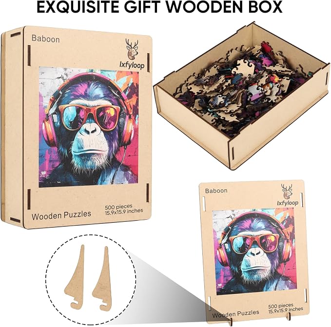 Ixfyloop Wooden Puzzles for Adults Wooden Jigsaw Puzzles for Adults Gorilla Wood Puzzles for Adults Wooden Modernist Style Adult Puzzles Birthday Gift, Pop Art Puzzle 500 Pieces 15.9x15.9 Inch