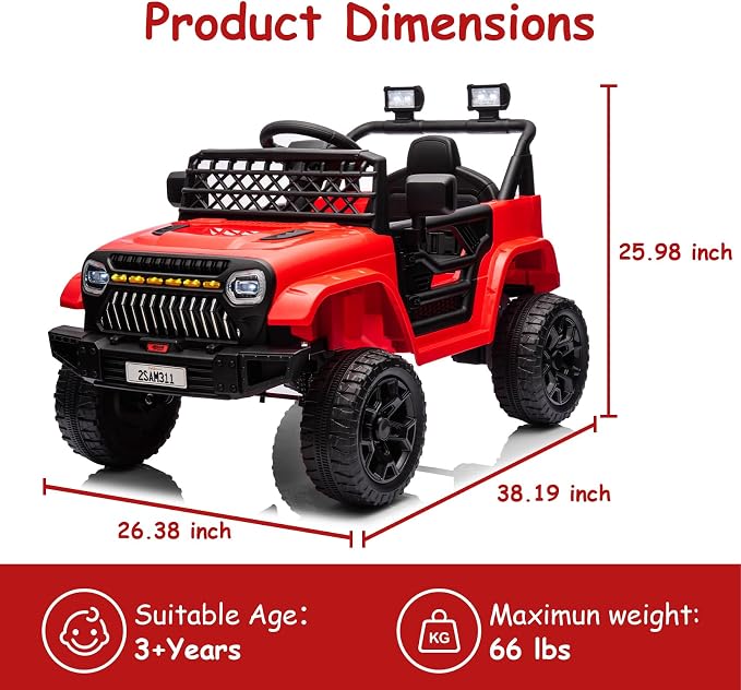 GarveeLife 12V Kids Ride On Truck Electric Vehicle Battery Powered Car Toddlers Ride On Toy for Boys Girls with Remote Control, 4-Wheel Suspension, Battery Display, LED Lights, Music, Red