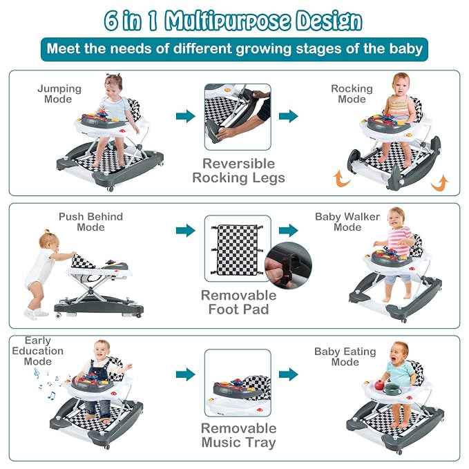HONEY JOY Baby Walker, 6-in-1 Foldable Baby Walker and Bouncer Combo, Infant Activity Walker with Wheels, Adjustable Heights, Rocker, Music, Lights, Walker for Baby Boy Girl 7-14 Months (Gray)