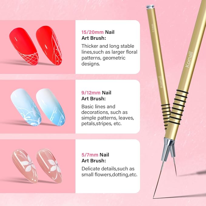 Komall Metallic Nail Art Brushes, 6Pcs Non Slip Liner Brush Set, UV Gel Polish Painting Art Design Pen for Long Lines, Thin Details, Fine Drawing Sizes 5/7/9/11/20/25mm(Gold)