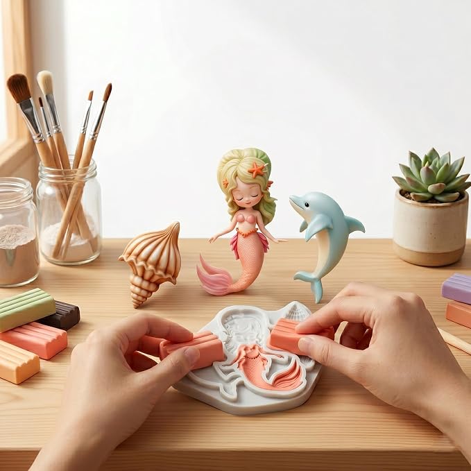 Mermaid Polymer Clay Molds Mermaid Dolphin Conch Silicone Mold for DIY Craft Resin Casting Molds DIY Crafts Air Dry Polymer Clay Tools Jewelry Making