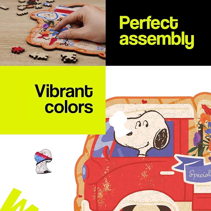 Peanuts Snoopy Puzzles for Adults – 300 Pieces Unique Shaped Flower Car Wooden Jigsaw Puzzles, Birthday Gift for Family, 5MM Thick, Officially Licensed Merchandise – Blooms on Wheels, 17.7" x 10.4"