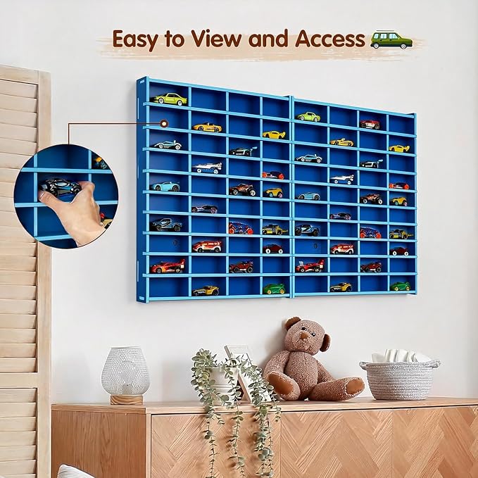 Krafetto 2 Pack Toy Car Display Shelf, Holds 80 Diecast 1/64 Toy Cars, Wall Mount Model Car Storage Organize Case, Blue