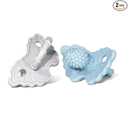 RaZbaby RaZberry Silicone Teether Pacifier – Teething Relief for Infants 3m+, Food-Grade, BPA-Free, Hands-Free, Natural Berrybumps Fruit Texture for Sensory Development, Freezable 2-Pack, Blue & Grey