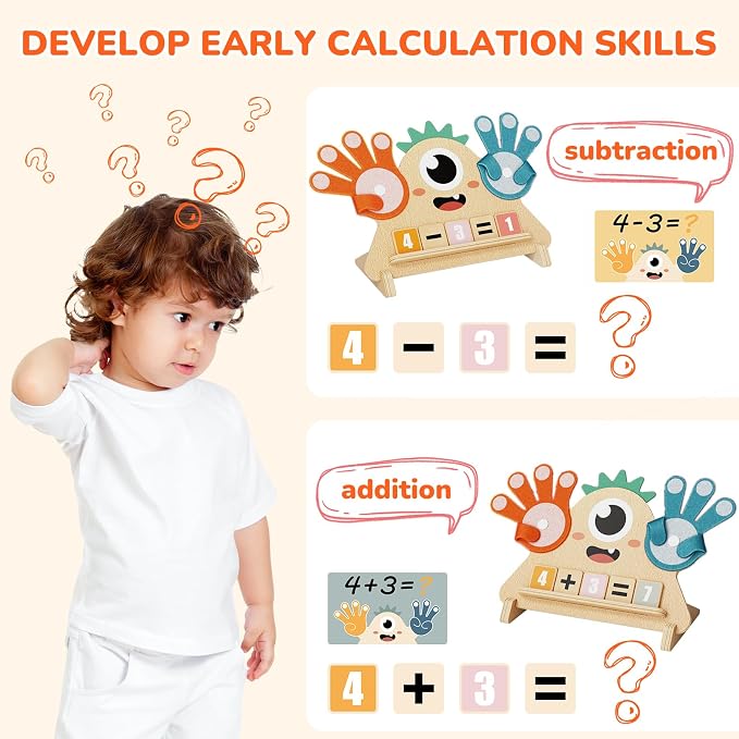 Finger Counting Math Toy for Kids 3-5, Montessori Monster Math Toy with Number Blocks, Hands-On Addition & Subtraction Learning Toy, Educational Birthday Gift for Toddlers