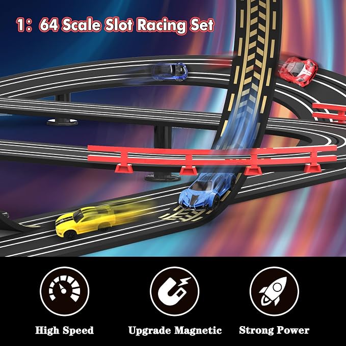 Slot Car Race Track 32Ft Electric Powered Racing Tracks Sets for Boys and Kids ,Dual Racing with 4 High Speed Cars and 2 Hand Controllers, Gift Toys for Children 6,7,8 Years Old