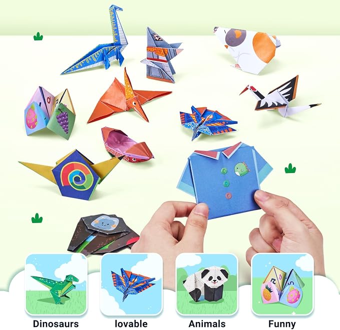 Gamenote Colorful Origami Kit for Kids 72 Projects 180 Double Sided Origami Paper 12 Sheets Practice Papers Instructional Origami Book Origami Gift for 4+ Boys Adult Beginners Training Craft, Dinosaur