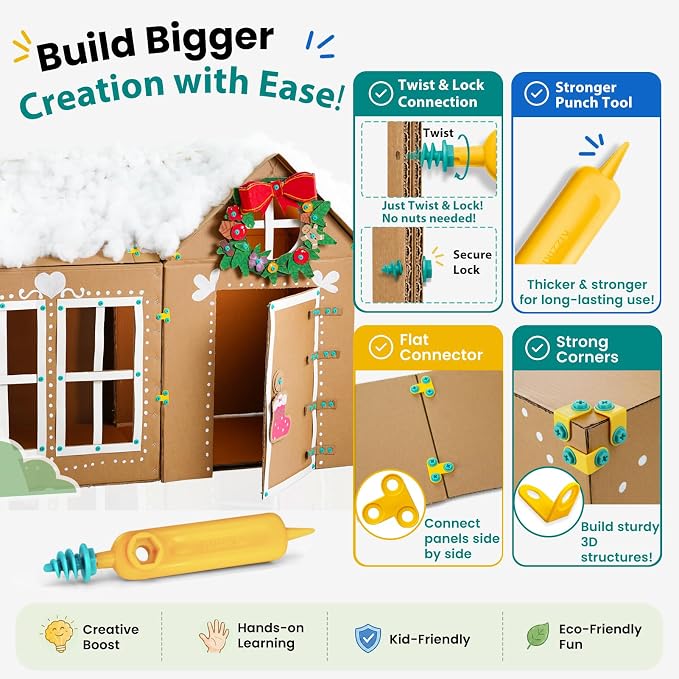 Kizzikids Cardboard Tools for Kids with Cutter &Tool Box, 87 PCS Cardboard Construction Kit for Family & Team Activities, Creative STEM Educational Toys Gift for Boys and Girls Aged 5+
