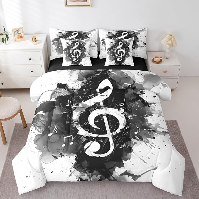 Feelyou Music Comforter Set with Sheets Twin Size Guitar Instruments Bed in a Bag for Boys Girls Teens Black White 7 Pieces Bedding Set Soft Lightweight Microfiber