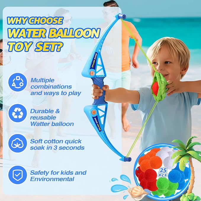 SUPER JOY Reusable Water Balloons Water Toys for Kids, 2 PCS Water Balls Bow Launcher With 25 Reusable Water Balls for Outdoor Toys, Pool Beach Yard Water Bomb Summer Water Toy for Boys and Girls