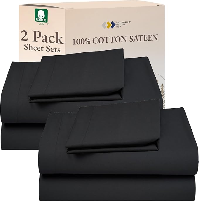 California Design Den 100% Cotton Pack of 2 Twin XL Sheet Sets, Soft Extra Long Twin Bed Sheets, 12" Pocket Sheets, Twin XL Sheets Sateen, Dorm Essentials for Guys - Dark Grey (Black Tone)