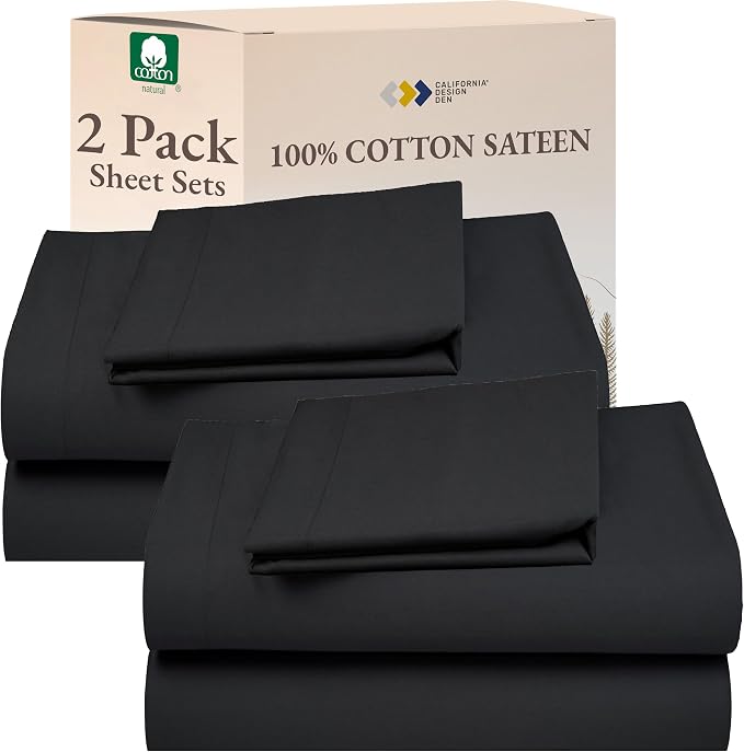 California Design Den 100% Cotton Pack of 2 Twin Size Bed Sheets, Soft & Durable Cotton Twin Sheet Sets with 12" Pockets, Twin Sheet Set with Sateen Sheets - Dark Grey (Black Tone)