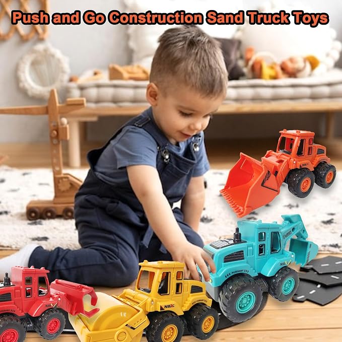 4PCS Construction Toys,Friction Powered Construction Truck Toys Vehicles,Mini Construction Vehicles Toys Sand Truck Toys,Bulldozer Excavator Roller Truck Toys Gift for Kids Boys Girls