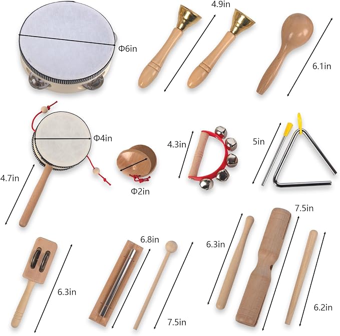 Wooden Musical Instruments Set for Toddlers 1-3, Natural Wood Percussion Instruments Xylophone Gift Set for Girls Boys Kids ,Preschool Educational Musical Toys with Storage Bag (Log Color)