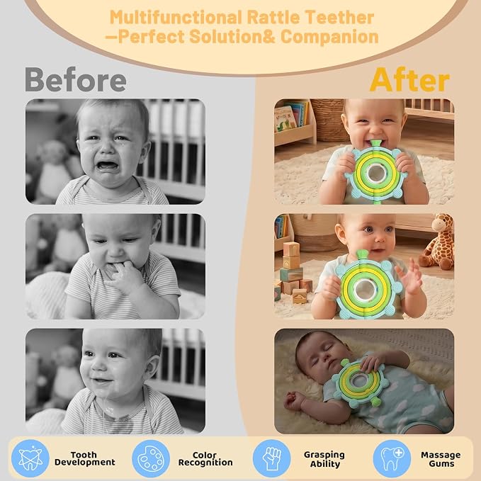 Rotatable Baby Teething Rings Rattle Toys for Infants 3-12 Months, Silicone Baby Teether Sensory Toys with Raised Textured Bumps, Safe & Soft for Chewing, Teething Relief, Soothing Sore Gums, BPA-Free