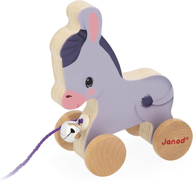 Janod - Wooden Donkey with Bell - Pull and Push Activity Toy - Learn Motor Skills and Imagination - 50cm String Suitable for Little Hands - from 12 Months, J03323