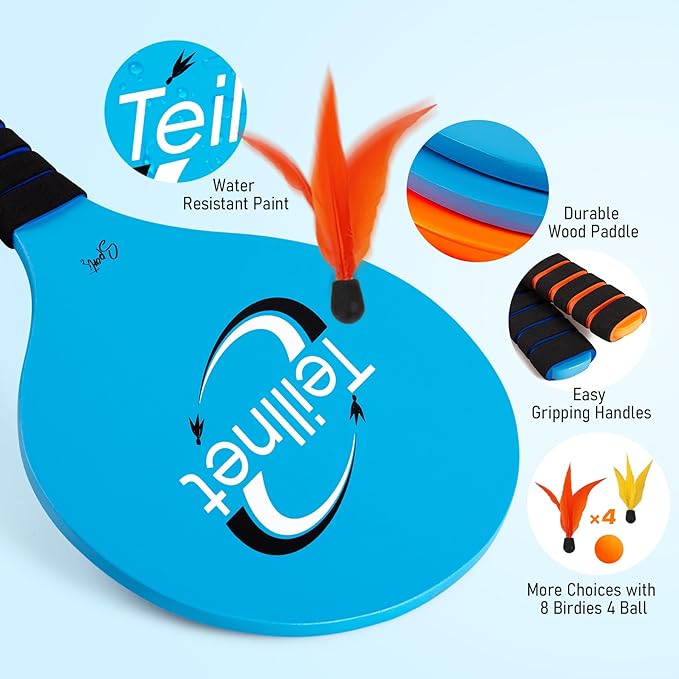TEILLNET Beach Paddle Ball Set, Family Games for Kids and Adults, Badminton Set with 4 Rackets, Indoor Outdoor Sports Toys Lawn Camping Backyards Yard Games Summer Gifts for Boys Girls