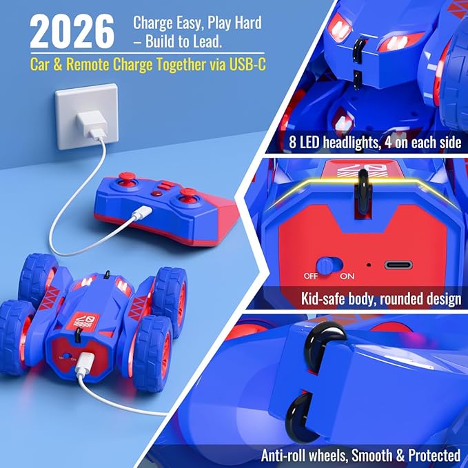 Remote Control Car, Rechargeable RC Cars & Remote Double-Sided Driving 360° Flips Rotating 2.4Ghz 4WD All Terrain Stunt Race Car Toy Christmas Birthday Gift for Kids Boys 3-12