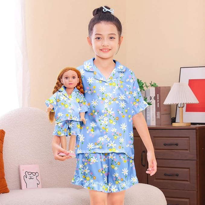ICOSY Matching Doll & Girls Silk Pajamas Satin Pjs for Girls Button-Down Top and Shorts for 18" Doll Girl Clothes