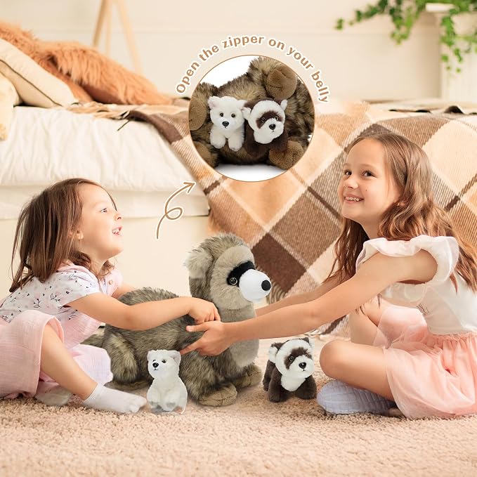 3Pcs Ferret Plush Toy with Babies, Mother Ferret Stuffed Animal with 2 Cute Stuffed Baby Ferrets, 18" Snuggly Forest Animal Plushies for Kids, Christmas Birthday Gift